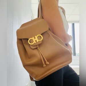 Authentic Salvatore Ferragamo Gancini Backpack Leather Brown